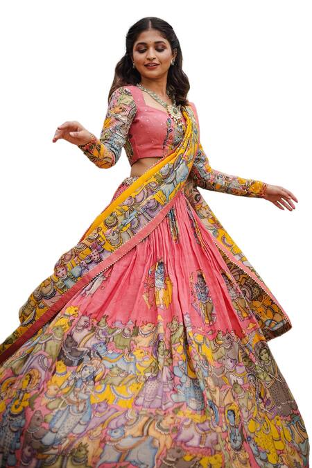 Aindhri By Mahitha Yellow , Chanderi Beads, Embroidery Kalamkari Pink Lehenga Set at Aza Fashions Aindhri By Mahitha_Yellow , Chanderi Beads, Embroidery Kalamkari Pink Lehenga Set_at_Aza_Fashions