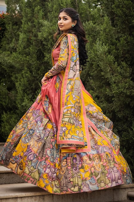 Shop Aindhri By Mahitha Yellow , Chanderi Beads, Embroidery Kalamkari Pink Lehenga Set at Aza Fashions Shop_Aindhri By Mahitha_Yellow , Chanderi Beads, Embroidery Kalamkari Pink Lehenga Set_at_Aza_Fashions