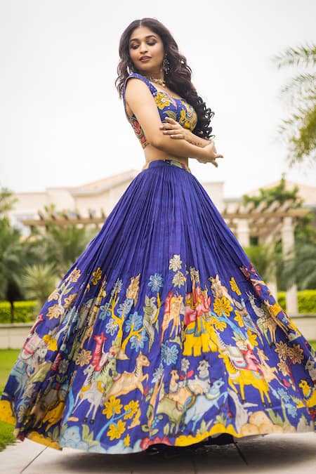 Aindhri By Mahitha_Blue Chanderi Silk Beads Sweetheart Neck Hand Painted Kalamkari Lehenga Set_Online_at_Aza_Fashions