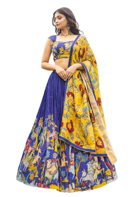 Buy_Aindhri By Mahitha_Blue Chanderi Silk Beads Sweetheart Neck Hand Painted Kalamkari Lehenga Set_Online_at_Aza_Fashions