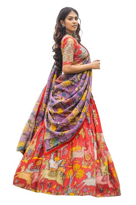 Buy_Aindhri By Mahitha_Red Chanderi Silk Beads Sweetheart Neck Kalamkari Fauna Gathered Lehenga Set_Online_at_Aza_Fashions