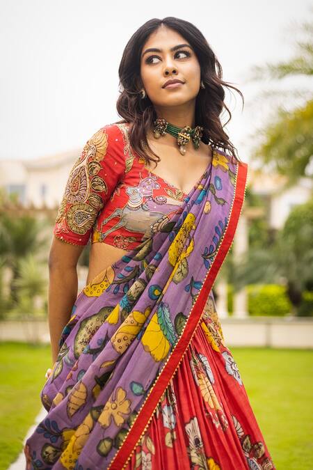 Shop_Aindhri By Mahitha_Red Chanderi Silk Beads Sweetheart Neck Kalamkari Fauna Gathered Lehenga Set_Online_at_Aza_Fashions