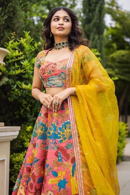 Buy_Aindhri By Mahitha_Pink Silk, Beads, Sequins Kalamkari Hand Painted Lehenga Set_Online_at_Aza_Fashions