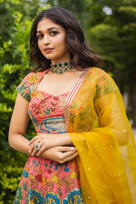 Shop_Aindhri By Mahitha_Pink Silk, Beads, Sequins Kalamkari Hand Painted Lehenga Set_Online_at_Aza_Fashions