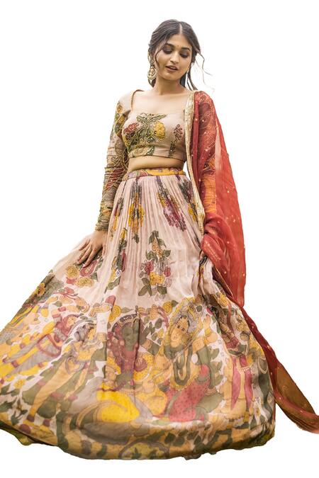 Aindhri By Mahitha_Cream Chanderi Silk, Silk, Organza Beads Kalamkari Hand Painted Lehenga Set_Online_at_Aza_Fashions