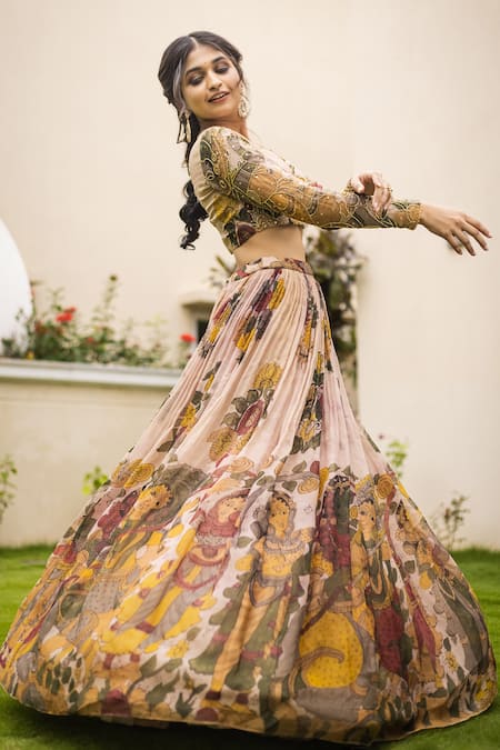 Buy_Aindhri By Mahitha_Cream Chanderi Silk, Silk, Organza Beads Kalamkari Hand Painted Lehenga Set_Online_at_Aza_Fashions