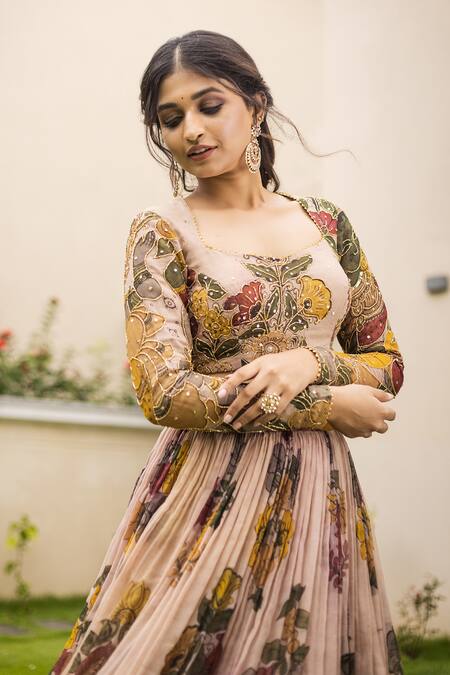 Shop_Aindhri By Mahitha_Cream Chanderi Silk, Silk, Organza Beads Kalamkari Hand Painted Lehenga Set_Online_at_Aza_Fashions