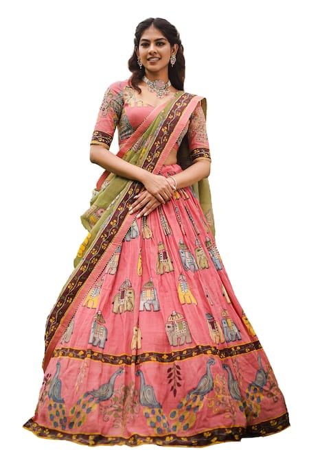 Aindhri By Mahitha_Pink Chanderi , Beads, Gota Kalamkari Elephant Painted Lehenga Set_Online_at_Aza_Fashions