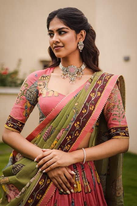 Buy_Aindhri By Mahitha_Pink Chanderi , Beads, Gota Kalamkari Elephant Painted Lehenga Set_Online_at_Aza_Fashions