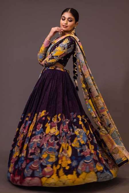Aindhri By Mahitha_Purple Chanderi Silk Beads Sweetheart Neck Kalamkari Hand Painted Lehenga Set_Online_at_Aza_Fashions