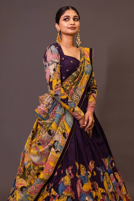 Buy_Aindhri By Mahitha_Purple Chanderi Silk Beads Sweetheart Neck Kalamkari Hand Painted Lehenga Set_Online_at_Aza_Fashions