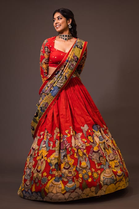 Aindhri By Mahitha Red Chanderi Silk Beads Kalamkari Hand Painted Lehenga Set Online at Aza Fashions Aindhri By Mahitha_Red Chanderi Silk Beads Kalamkari Hand Painted Lehenga Set_Online_at_Aza_Fashions