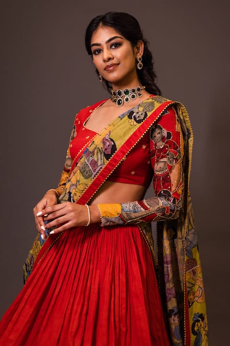Buy Aindhri By Mahitha Red Chanderi Silk Beads Kalamkari Hand Painted Lehenga Set Online at Aza Fashions Buy_Aindhri By Mahitha_Red Chanderi Silk Beads Kalamkari Hand Painted Lehenga Set_Online_at_Aza_Fashions