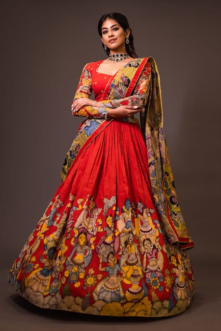 Shop Aindhri By Mahitha Red Chanderi Silk Beads Kalamkari Hand Painted Lehenga Set at Aza Fashions Shop_Aindhri By Mahitha_Red Chanderi Silk Beads Kalamkari Hand Painted Lehenga Set_at_Aza_Fashions