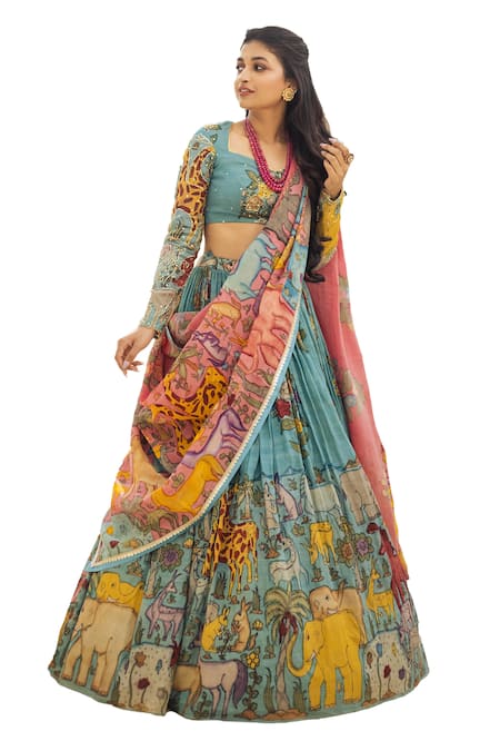 Aindhri By Mahitha_Blue Chanderi Silk Beads, Sequins Sweetheart Kalamkari Hand Painted Lehenga Set_Online_at_Aza_Fashions