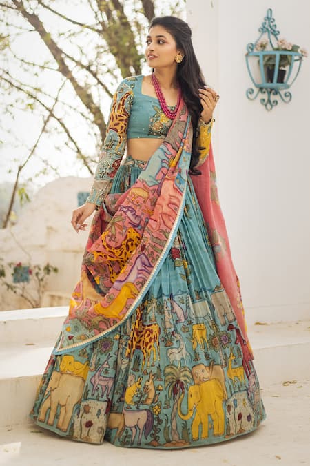 Buy_Aindhri By Mahitha_Blue Chanderi Silk Beads, Sequins Sweetheart Kalamkari Hand Painted Lehenga Set_Online_at_Aza_Fashions