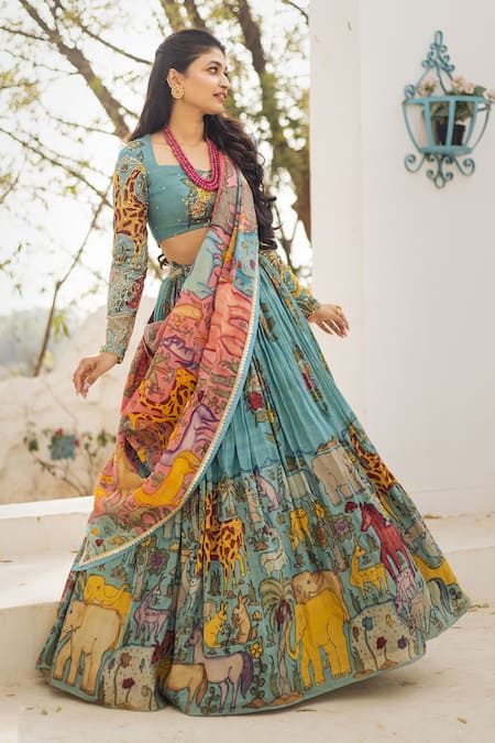 Shop_Aindhri By Mahitha_Blue Chanderi Silk Beads, Sequins Sweetheart Kalamkari Hand Painted Lehenga Set_Online_at_Aza_Fashions