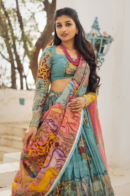 Aindhri By Mahitha_Blue Chanderi Silk Beads, Sequins Sweetheart Kalamkari Hand Painted Lehenga Set_at_Aza_Fashions