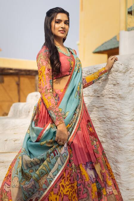 Buy_Aindhri By Mahitha_Pink Chanderi Silk Beads Sweetheart Neck Kalamkari Hand Painted Lehenga Set_Online_at_Aza_Fashions