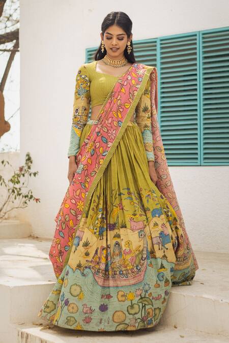 Aindhri By Mahitha Green Silk, Beads Kalamkari Hand Painted Lehenga Set Online at Aza Fashions Aindhri By Mahitha_Green Silk, Beads Kalamkari Hand Painted Lehenga Set_Online_at_Aza_Fashions