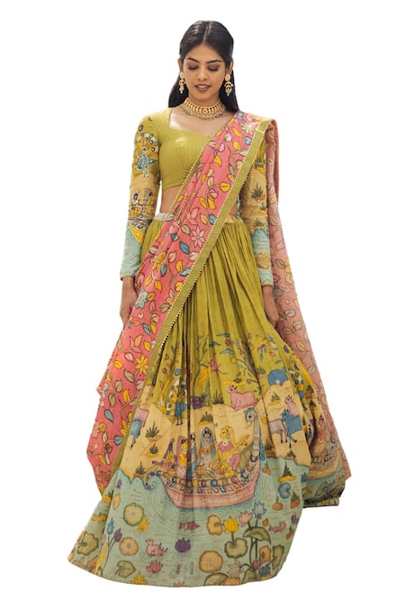 Buy Aindhri By Mahitha Green Silk, Beads Kalamkari Hand Painted Lehenga Set Online at Aza Fashions Buy_Aindhri By Mahitha_Green Silk, Beads Kalamkari Hand Painted Lehenga Set_Online_at_Aza_Fashions