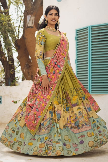 Shop Aindhri By Mahitha Green Silk, Beads Kalamkari Hand Painted Lehenga Set Online at Aza Fashions Shop_Aindhri By Mahitha_Green Silk, Beads Kalamkari Hand Painted Lehenga Set_Online_at_Aza_Fashions