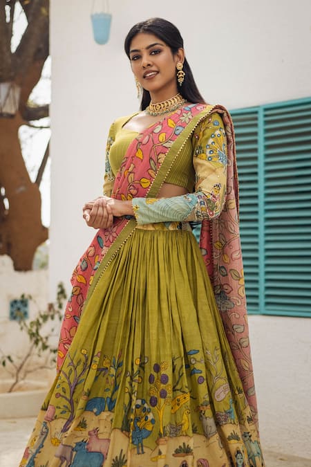 Aindhri By Mahitha Green Silk, Beads Kalamkari Hand Painted Lehenga Set at Aza Fashions Aindhri By Mahitha_Green Silk, Beads Kalamkari Hand Painted Lehenga Set_at_Aza_Fashions