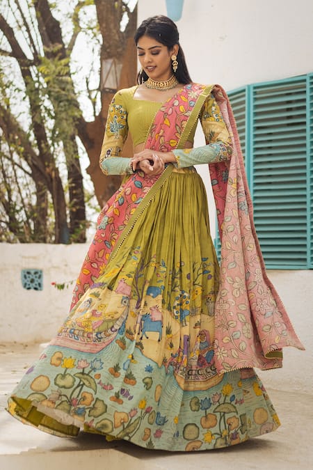 aindhri by mahitha Green Chennur Silk Hand Painted Kalamkari Women On A In Village Lehenga Set 