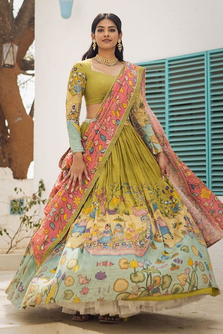 Shop Aindhri By Mahitha Green Silk, Beads Kalamkari Hand Painted Lehenga Set at Aza Fashions Shop_Aindhri By Mahitha_Green Silk, Beads Kalamkari Hand Painted Lehenga Set_at_Aza_Fashions