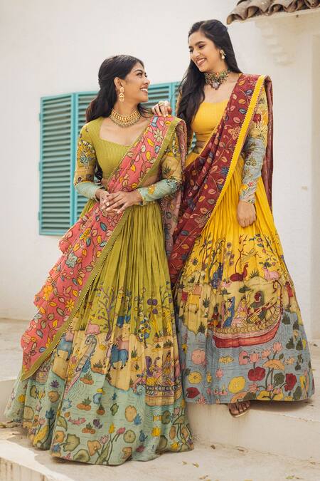 Buy_Aindhri By Mahitha_Yellow Chanderi Silk Beads Sweetheart Neck Kalamkari Hand Painted Lehenga Set_Online_at_Aza_Fashions