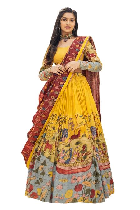 Shop_Aindhri By Mahitha_Yellow Chanderi Silk Beads Sweetheart Neck Kalamkari Hand Painted Lehenga Set_Online_at_Aza_Fashions