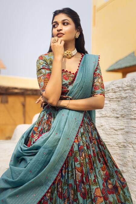 Aindhri By Mahitha Blue Chanderi Silk Beads Square Neck Kalamkari Hand Painted Lehenga Set Online at Aza Fashions Aindhri By Mahitha_Blue Chanderi Silk Beads Square Neck Kalamkari Hand Painted Lehenga Set_Online_at_Aza_Fashions