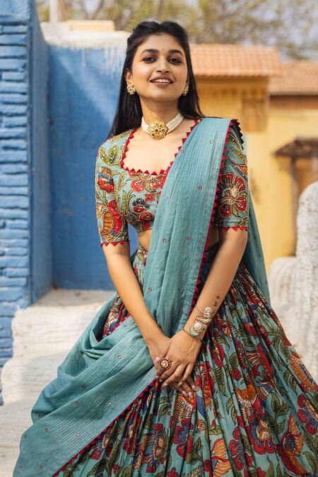 Shop Aindhri By Mahitha Blue Chanderi Silk Beads Square Neck Kalamkari Hand Painted Lehenga Set at Aza Fashions Shop_Aindhri By Mahitha_Blue Chanderi Silk Beads Square Neck Kalamkari Hand Painted Lehenga Set_at_Aza_Fashions