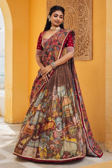 Aindhri By Mahitha Brown Chanderi Silk Embroidery Scoop Kalamkari Ganesha Hand Painted Lehenga Set Online at Aza Fashions Aindhri By Mahitha_Brown Chanderi Silk Embroidery Scoop Kalamkari Ganesha Hand Painted Lehenga Set_Online_at_Aza_Fashions