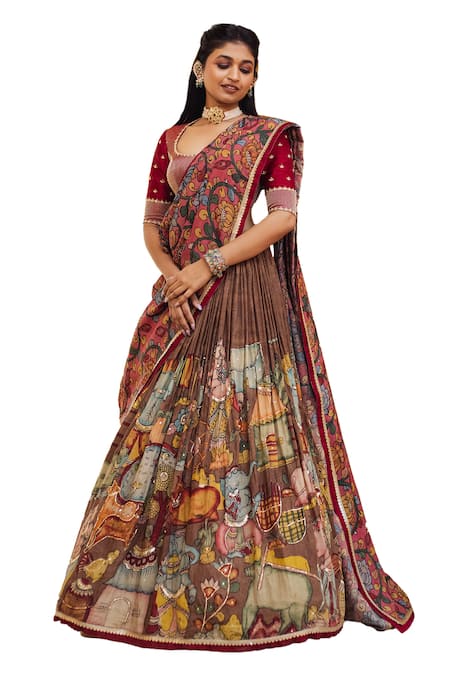 Buy Aindhri By Mahitha Brown Chanderi Silk Embroidery Scoop Kalamkari Ganesha Hand Painted Lehenga Set Online at Aza Fashions Buy_Aindhri By Mahitha_Brown Chanderi Silk Embroidery Scoop Kalamkari Ganesha Hand Painted Lehenga Set_Online_at_Aza_Fashions