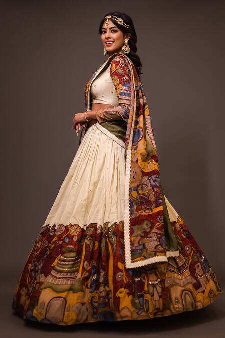 Shop Aindhri By Mahitha Cream Chanderi Silk Beads, Embroidery Kalamkari Hand Painted Lehenga Set at Aza Fashions Shop_Aindhri By Mahitha_Cream Chanderi Silk Beads, Embroidery Kalamkari Hand Painted Lehenga Set_at_Aza_Fashions
