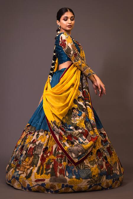 Aindhri By Mahitha_Blue Chanderi Silk Beads Sweetheart Neck Kalamkari Hand Painted Lehenga Set_Online_at_Aza_Fashions