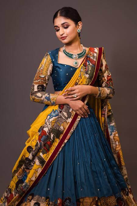 Buy_Aindhri By Mahitha_Blue Chanderi Silk Beads Sweetheart Neck Kalamkari Hand Painted Lehenga Set_Online_at_Aza_Fashions
