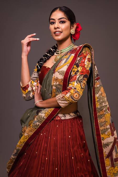 Aindhri By Mahitha Maroon Chanderi Silk Beads, Gota Patti Kalamkari Hand Painted Lehenga Set Online at Aza Fashions Aindhri By Mahitha_Maroon Chanderi Silk Beads, Gota Patti Kalamkari Hand Painted Lehenga Set_Online_at_Aza_Fashions
