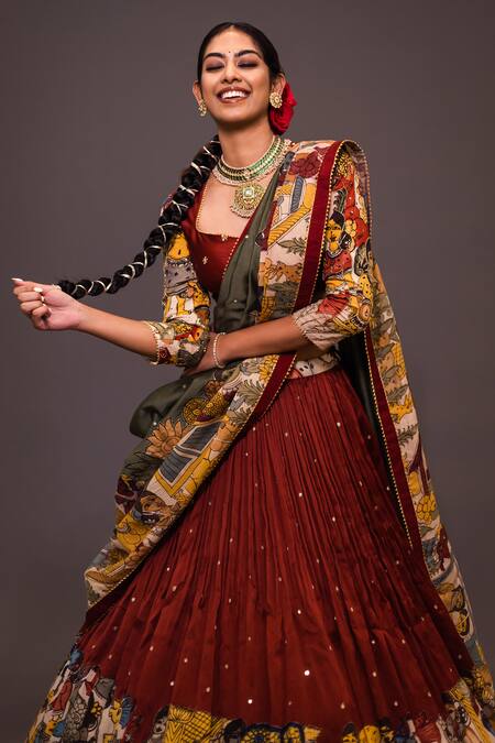 Buy Aindhri By Mahitha Maroon Chanderi Silk Beads, Gota Patti Kalamkari Hand Painted Lehenga Set Online at Aza Fashions Buy_Aindhri By Mahitha_Maroon Chanderi Silk Beads, Gota Patti Kalamkari Hand Painted Lehenga Set_Online_at_Aza_Fashions