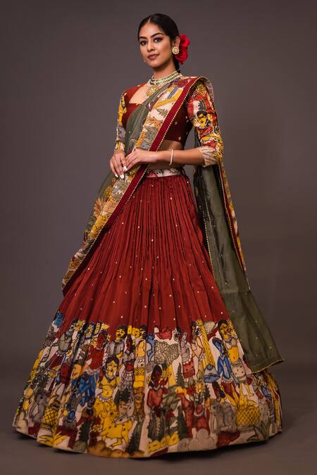 Shop Aindhri By Mahitha Maroon Chanderi Silk Beads, Gota Patti Kalamkari Hand Painted Lehenga Set at Aza Fashions Shop_Aindhri By Mahitha_Maroon Chanderi Silk Beads, Gota Patti Kalamkari Hand Painted Lehenga Set_at_Aza_Fashions