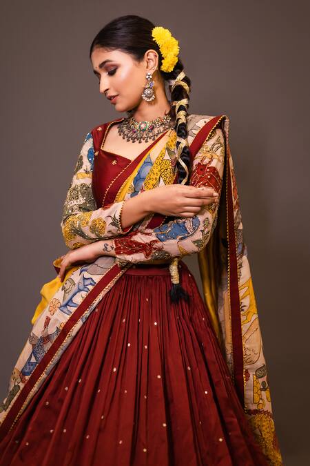 Aindhri By Mahitha_Maroon Chanderi Silk Beads Sweetheart Neck Kalamkari Elephant And Deer Lehenga Set_Online_at_Aza_Fashions