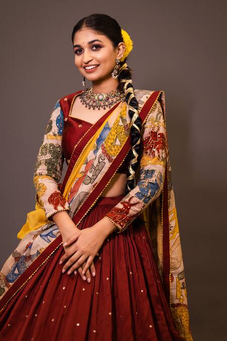Buy_Aindhri By Mahitha_Maroon Chanderi Silk Beads Sweetheart Neck Kalamkari Elephant And Deer Lehenga Set_Online_at_Aza_Fashions