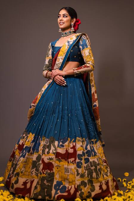 Aindhri By Mahitha_Blue Chanderi Silk Beads Round Neck Kalamkari Painted Lehenga Set_Online_at_Aza_Fashions