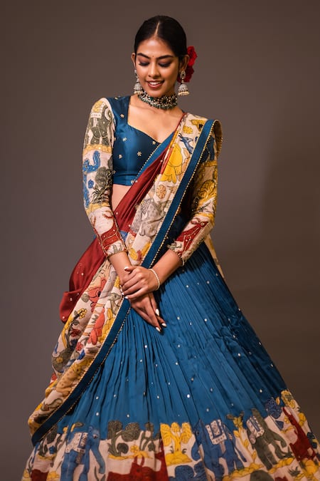 Buy_Aindhri By Mahitha_Blue Chanderi Silk Beads Round Neck Kalamkari Painted Lehenga Set_Online_at_Aza_Fashions