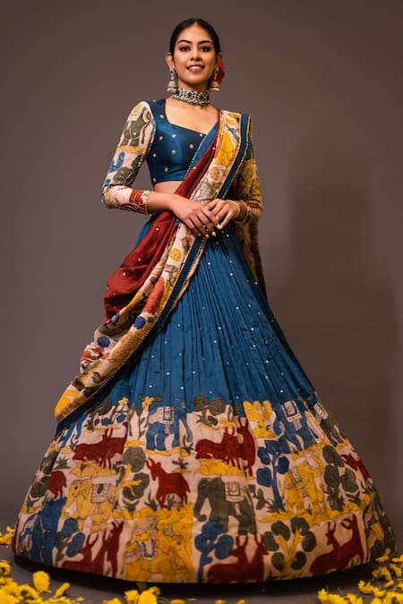 aindhri by mahitha Blue Chennur Silk Hand Painted Kalamkari Elephant And Embroidered Lehenga Set 