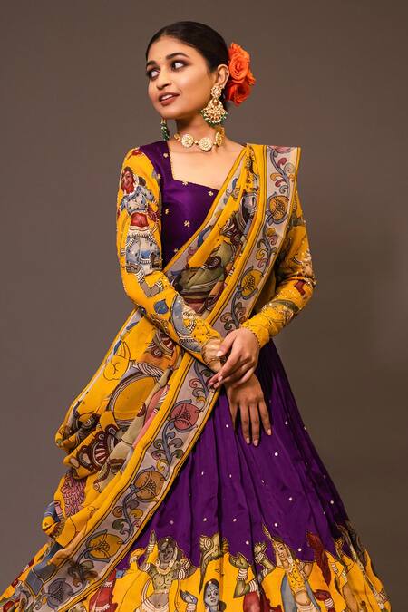 Aindhri By Mahitha_Purple Chanderi Silk Beads, Embroidery Sweetheart Kalamkari Painted Lehenga Set_Online_at_Aza_Fashions