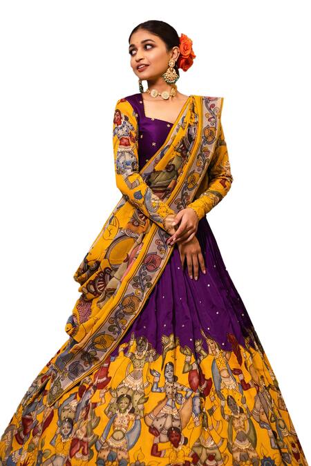 Buy_Aindhri By Mahitha_Purple Chanderi Silk Beads, Embroidery Sweetheart Kalamkari Painted Lehenga Set_Online_at_Aza_Fashions