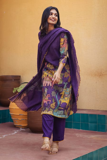 Aindhri By Mahitha Purple Silk, Rayon, Notched Neck Kalamkari Kurta Pant Set Online at Aza Fashions Aindhri By Mahitha_Purple Silk, Rayon, Notched Neck Kalamkari Kurta Pant Set_Online_at_Aza_Fashions