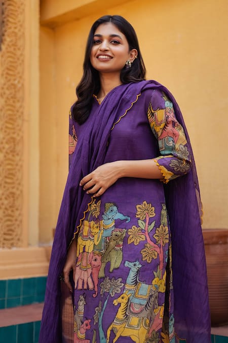 Shop Aindhri By Mahitha Purple Silk, Rayon, Notched Neck Kalamkari Kurta Pant Set Online at Aza Fashions Shop_Aindhri By Mahitha_Purple Silk, Rayon, Notched Neck Kalamkari Kurta Pant Set_Online_at_Aza_Fashions